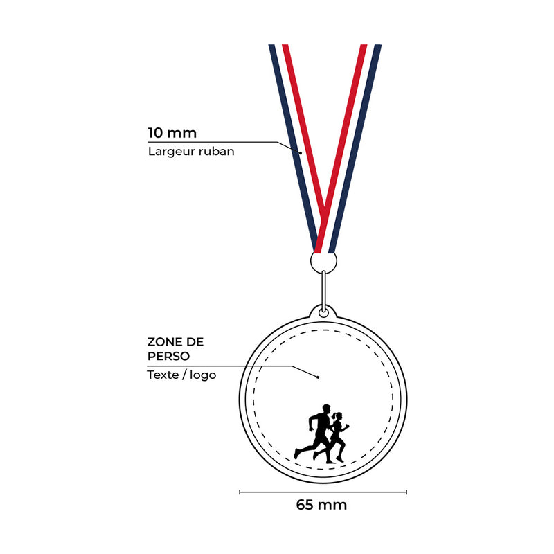 Schéma médaille en bois gamme Tour avec dimensions et options de personnalisation