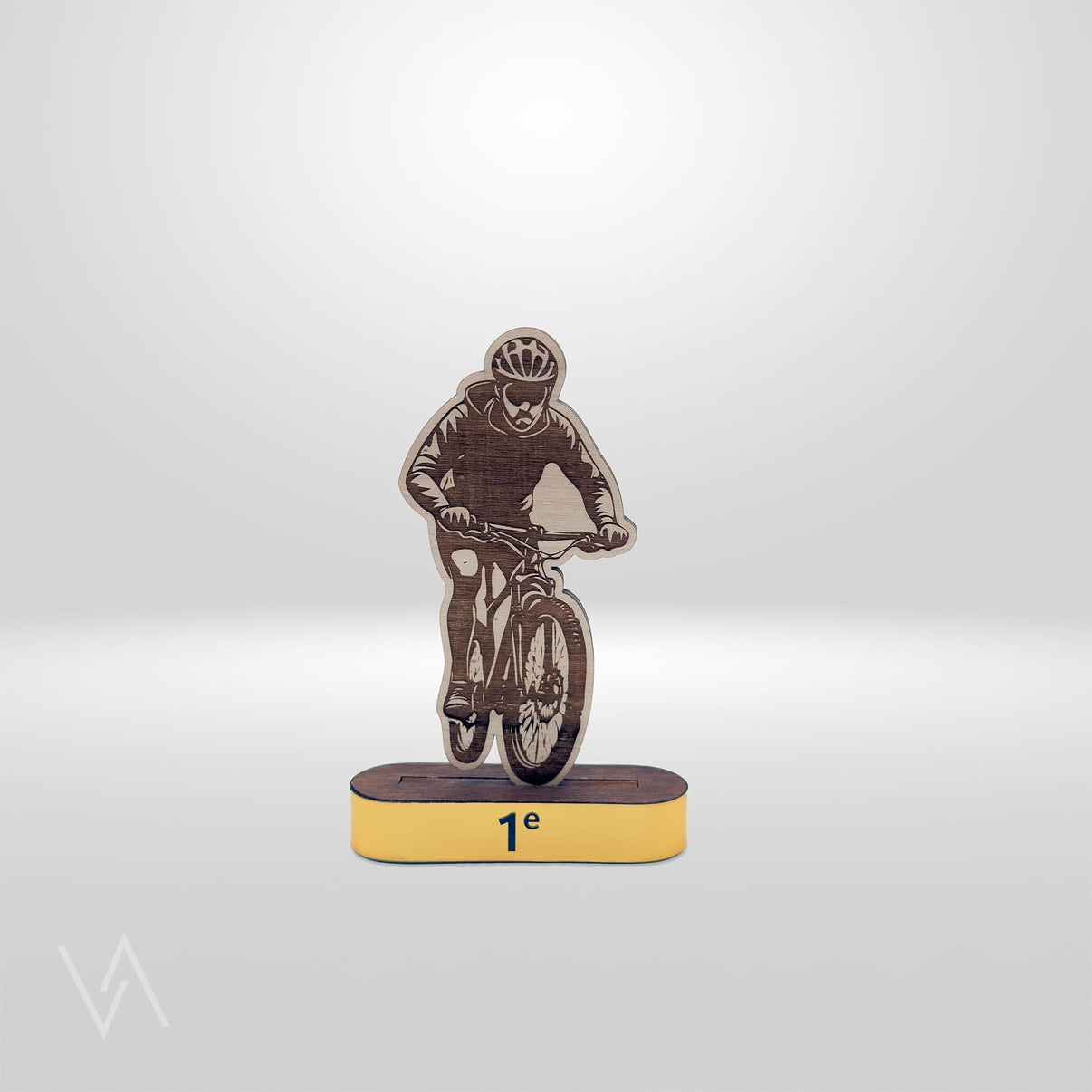 Trophée personnalisé en bois pour VTT homme gamme Starter socle doré en studio Vulka