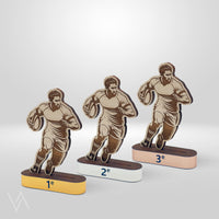 Trophées personnalisés en bois gamme Starter pour rugby en studio Vulka